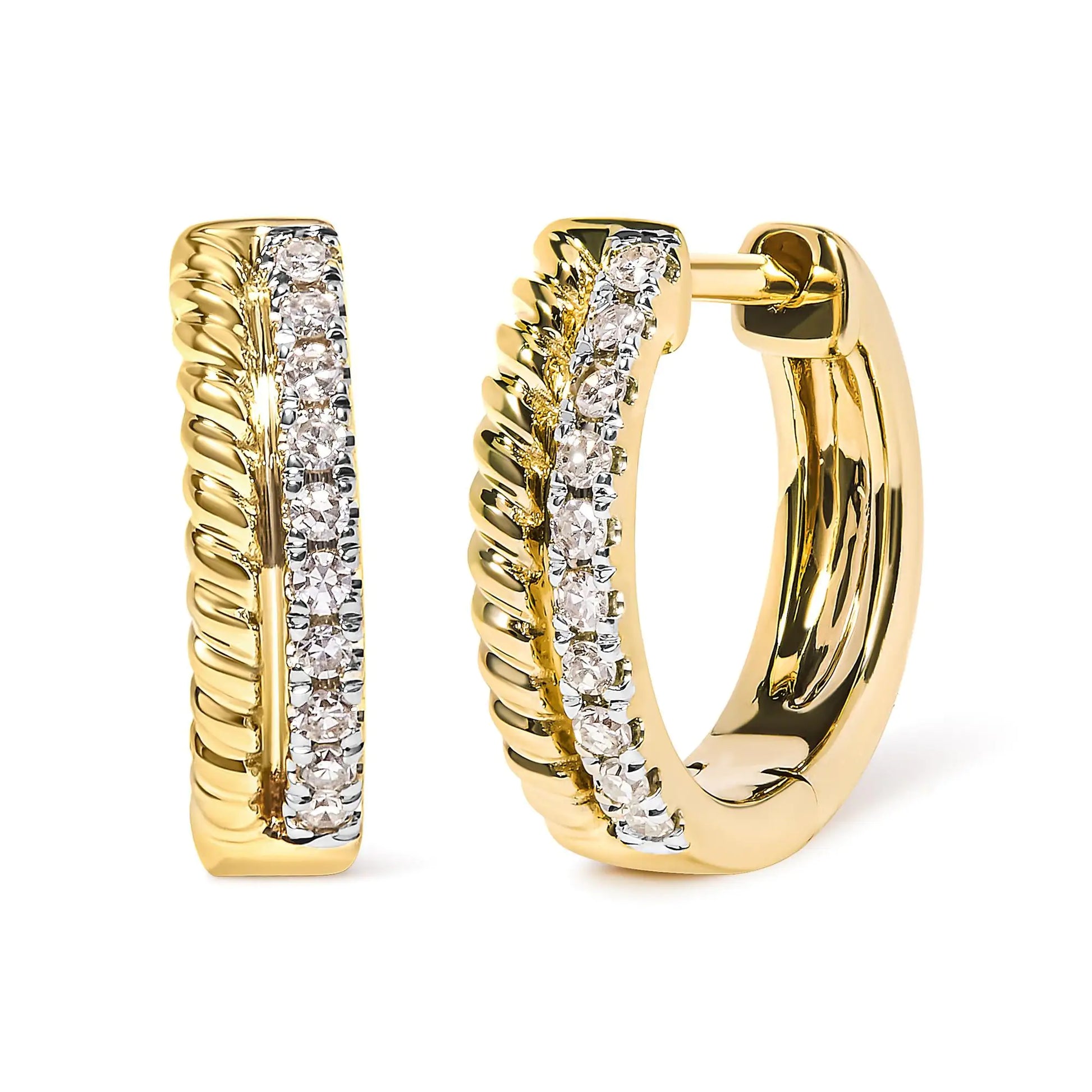 10K Yellow Gold 1/10 Cttw Diamond and Rope Twist Huggy Hoop Earrings (H-I Color, I1-I2 Clarity) - Elegant Emulations
