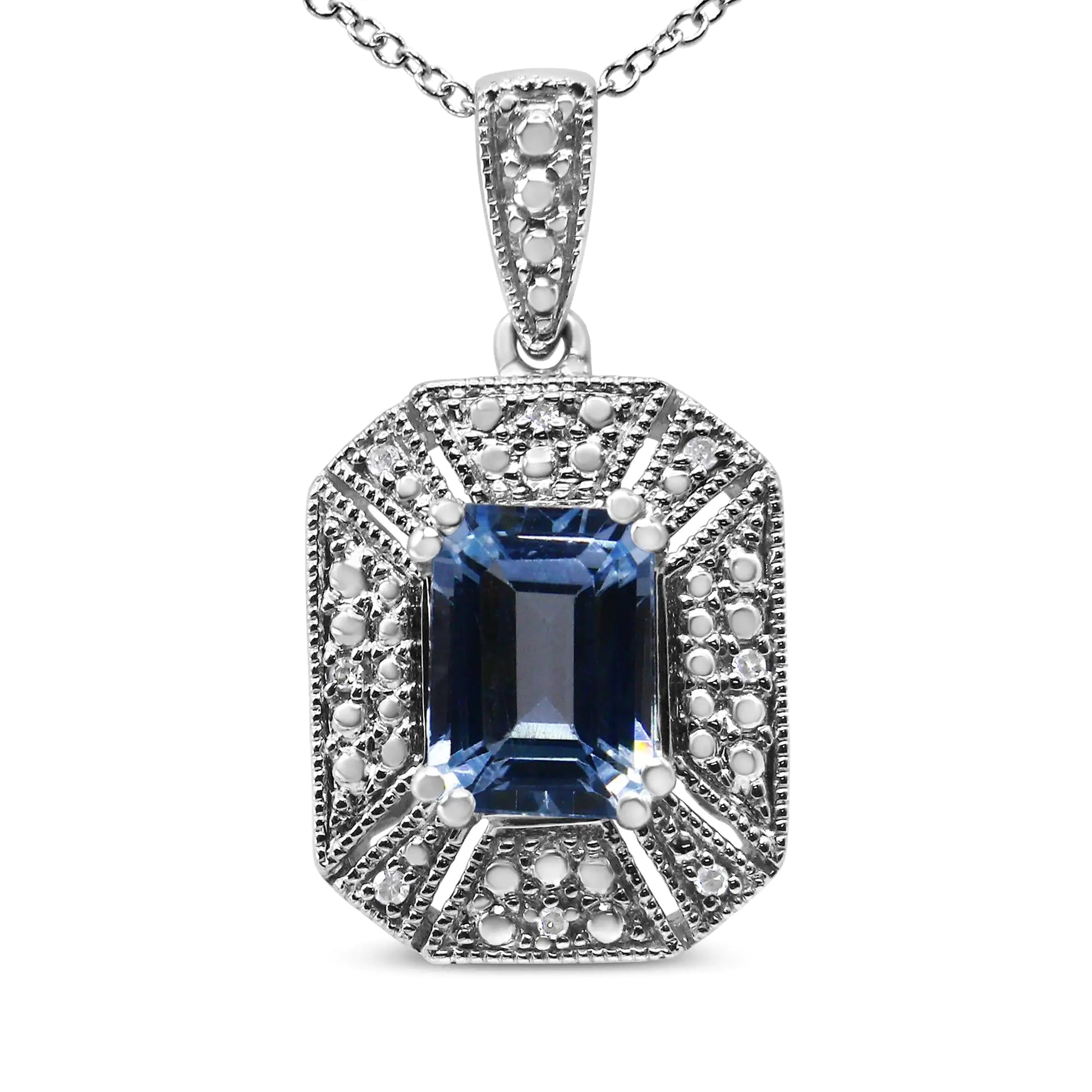 .925 Sterling Silver Blue Topaz and Diamond Accent Art Deco Style 18" Pendant Necklace (I-J Color, I1-I2 Clarity) - Elegant Emulations