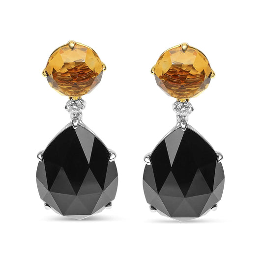 18K White and Yellow Gold 1/5 Cttw Diamond with Round Yellow Citrine and 20x15mm Pear Cut Black Onyx Gemstone Dangle Earring (G-H Color, SI1-SI2 Clarity) - Elegant Emulations