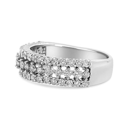 14K White Gold 1.0 Cttw Prong Set Round Diamond Split Shank Three Row Band Ring (H-I Color, I2-I3 Clarity) - Elegant Emulations