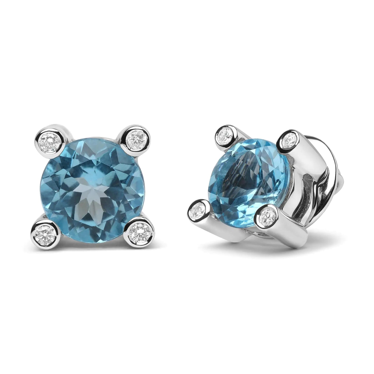18K White Gold 1/10 Cttw Round Bezel Diamond and 10x10mm Round Sky Blue Topaz Gemstone Stud Earrings (G-H Color, I1-I2 Clarity) - Elegant Emulations