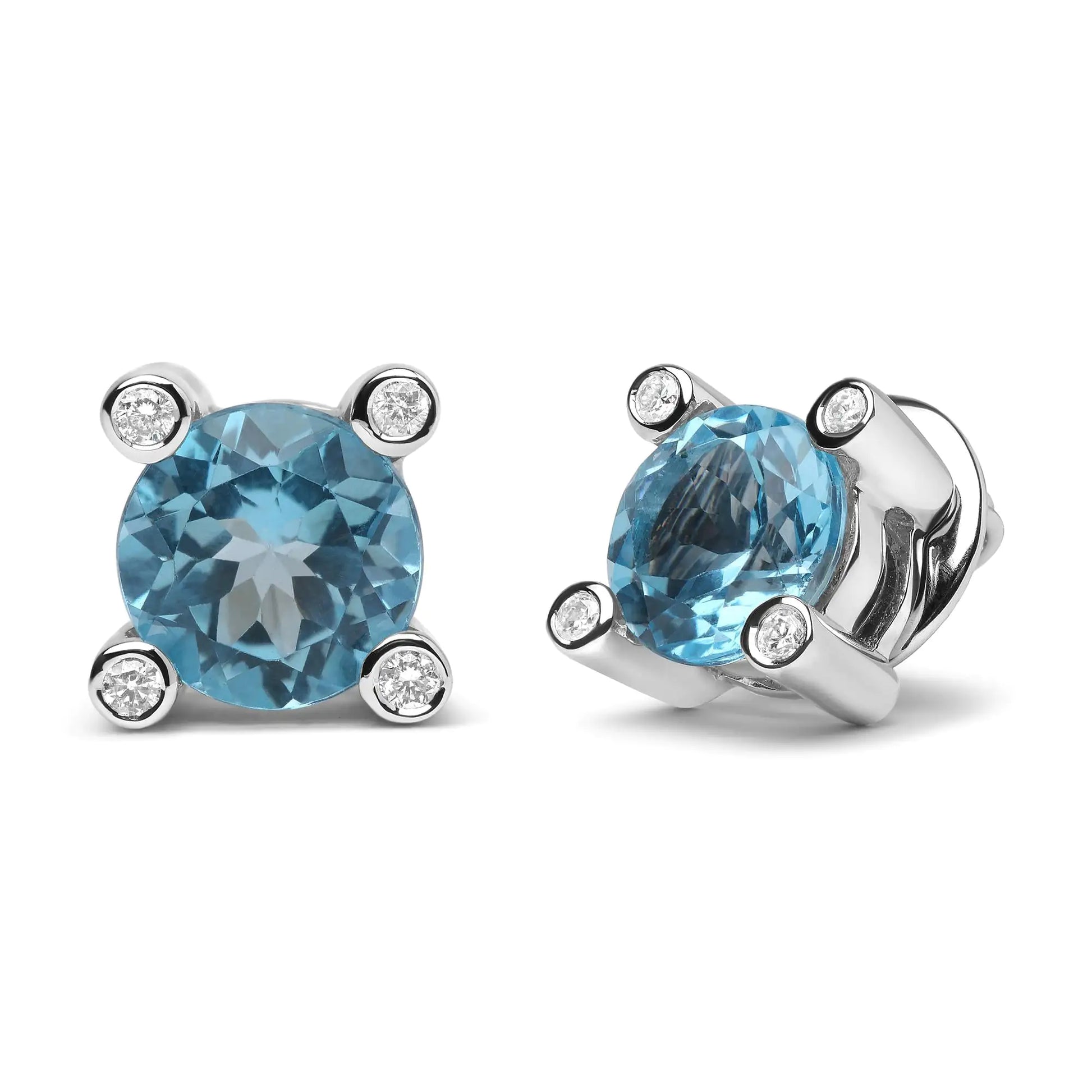 18K White Gold 1/10 Cttw Round Bezel Diamond and 10x10mm Round Sky Blue Topaz Gemstone Stud Earrings (G-H Color, I1-I2 Clarity) - Elegant Emulations