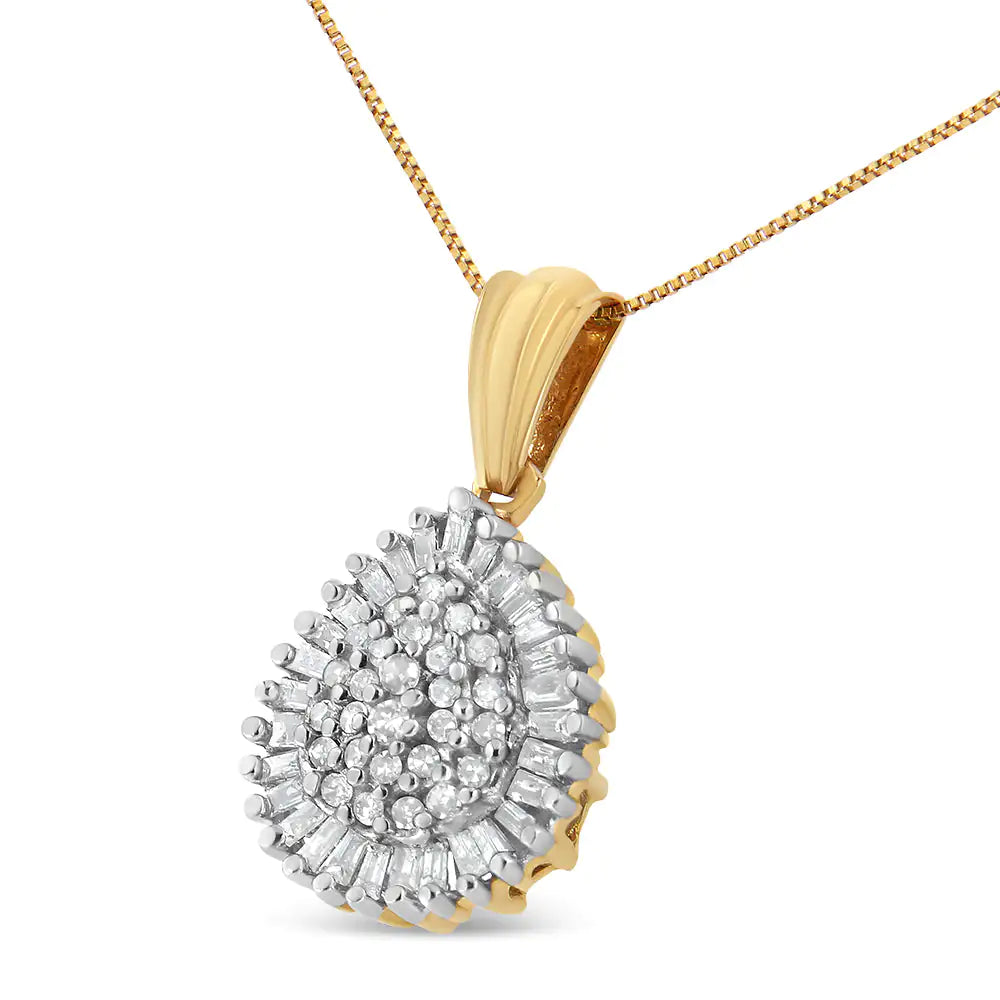 10K Gold 1/2 Cttw Round and Bagutte-Cut Diamond Teardrop 18" Pendant Necklace (J-K Color, I1-I2 Clarity) - Elegant Emulations
