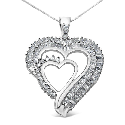 .925 Sterling Silver Double Heart Diamond Pendant Necklace