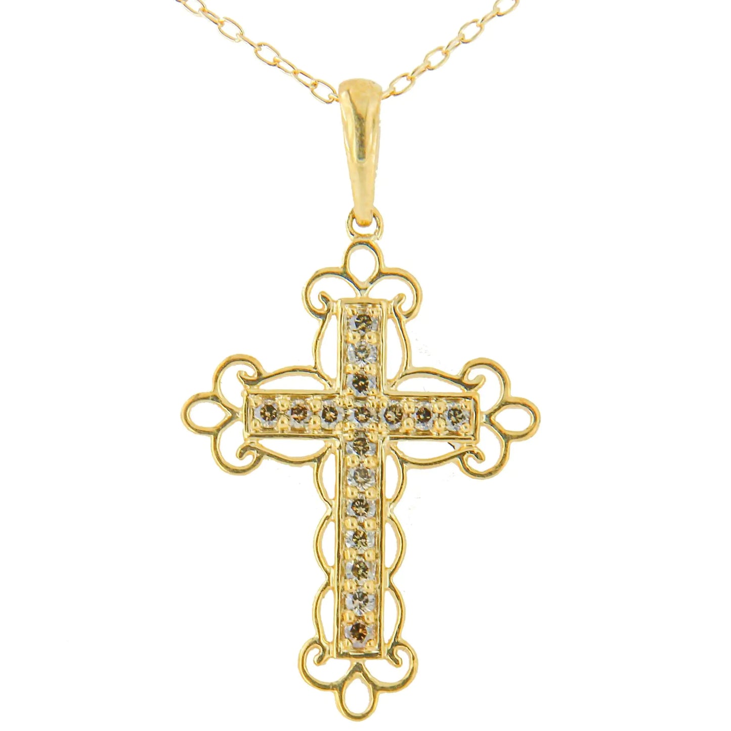 Elegant 10K Yellow Gold-Plated Filigree Cross Diamond Necklace