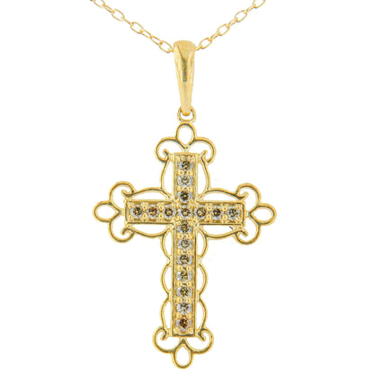 Elegant 10K Yellow Gold-Plated Filigree Cross Diamond Necklace
