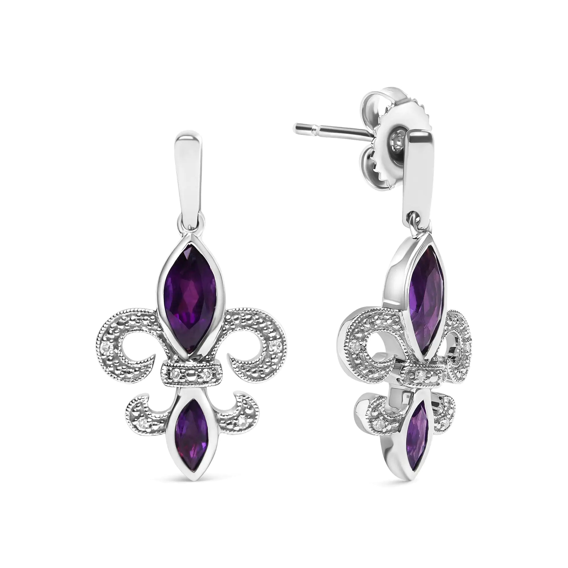 .925 Sterling Silver Marquise Cut Amethyst and Diamond Accent Fleur De Lis Dangle Stud Earrings (H-I Color, SI1-SI2 Clarity) - Elegant Emulations