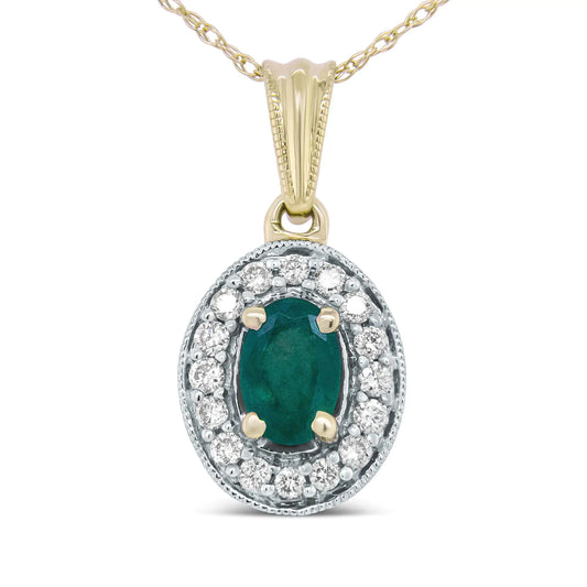 14K Yellow Gold 6x4mm Emerald and 1/5 Cttw Round Diamond Halo Pendant 18" Necklace - (H-I Color, SI1-SI2 Clarity) - Elegant Emulations