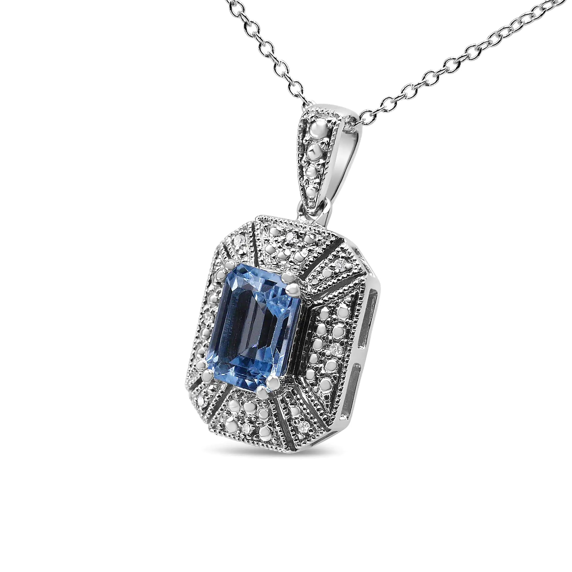 .925 Sterling Silver Blue Topaz and Diamond Accent Art Deco Style 18" Pendant Necklace (I-J Color, I1-I2 Clarity) - Elegant Emulations