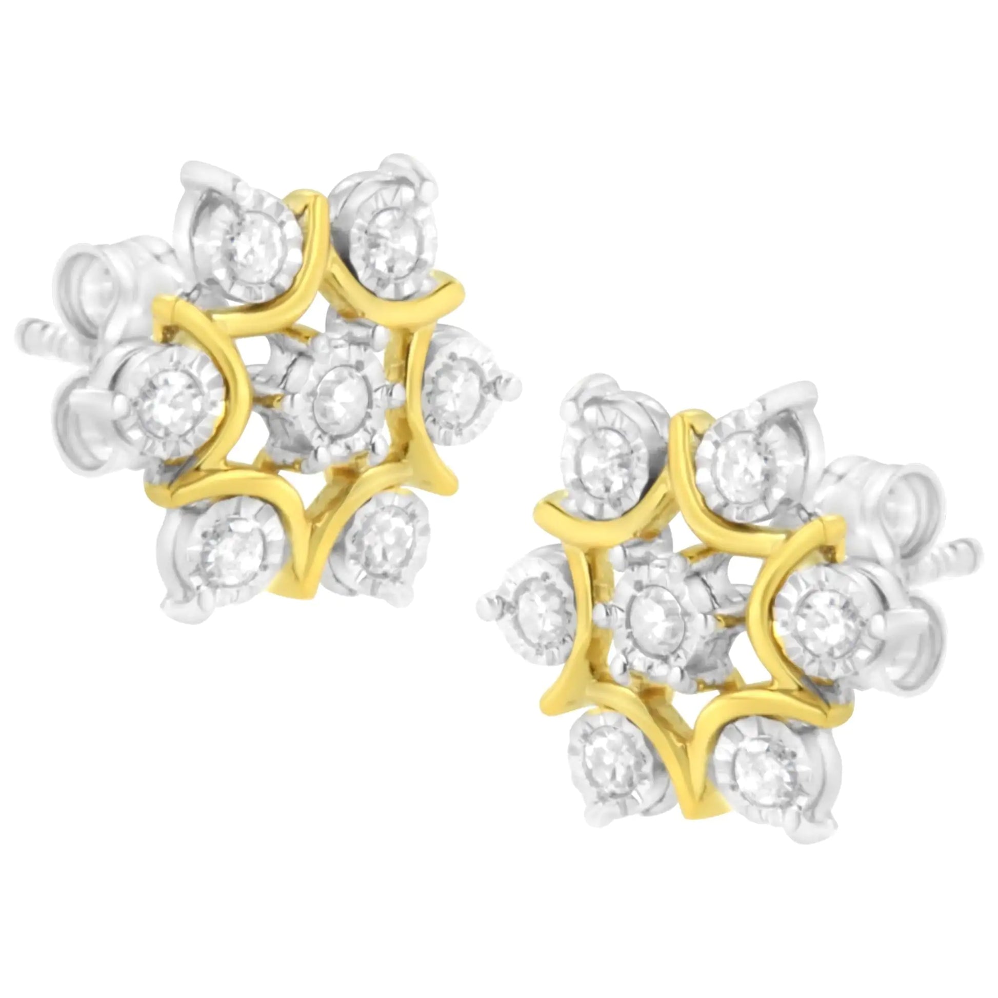 10K Yellow Gold Plated .925 Sterling Silver 1/4 Cttw Miracle Set Round-Cut Diamond Floral Earring (I-J Color, I2-I3 Clarity) - Elegant Emulations