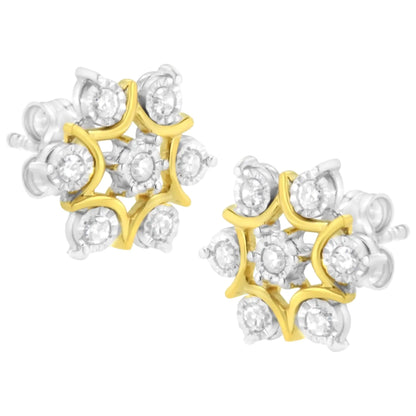 10K Yellow Gold Plated .925 Sterling Silver 1/4 Cttw Miracle Set Round-Cut Diamond Floral Earring (I-J Color, I2-I3 Clarity) - Elegant Emulations