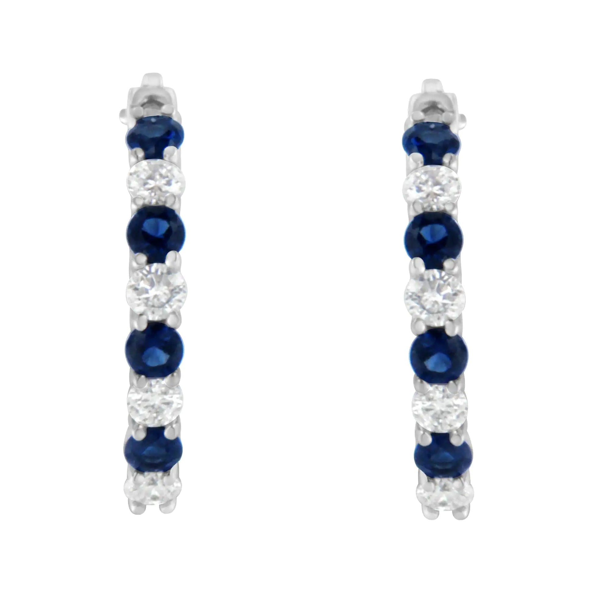10K White Gold 2.5MM Sapphire Gemstone and 1/2 Cttw Diamond Hoop Earrings (H-I Color, I1-I2 Clarity) - Elegant Emulations