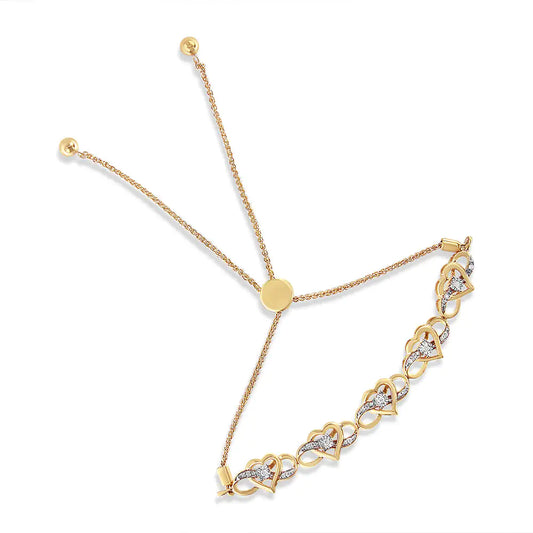 14K Yellow Gold Plated .925 Sterling Silver 1/10 Cttw Diamond Infinity Heart Shaped 4”-10” Adjustable Bolo Bracelet (H-I Color, I2-I3 Clarity) - Elegant Emulations