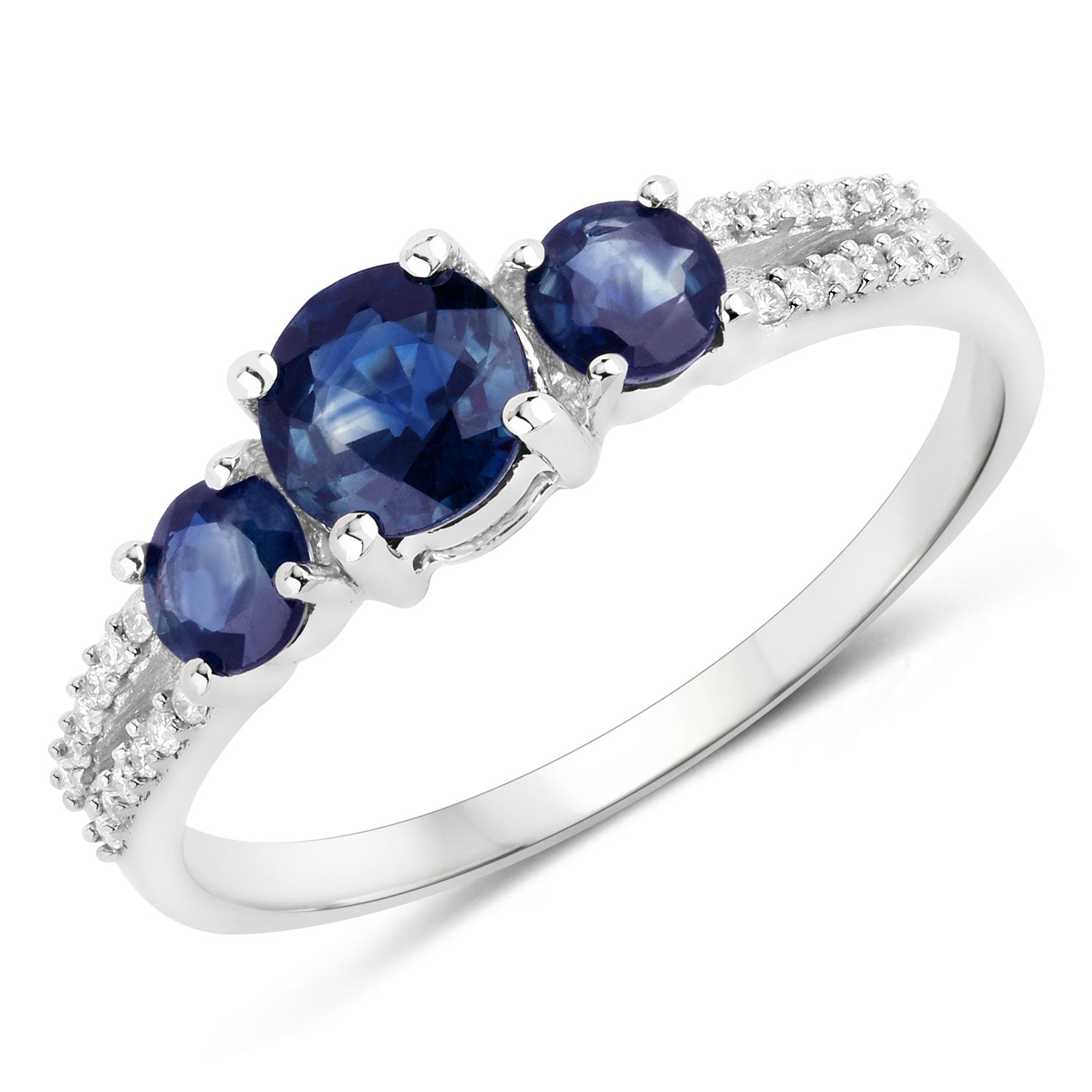 1.08 Carat Genuine Blue Sapphire and White Diamond 14K White Gold Ring - Elegant Emulations