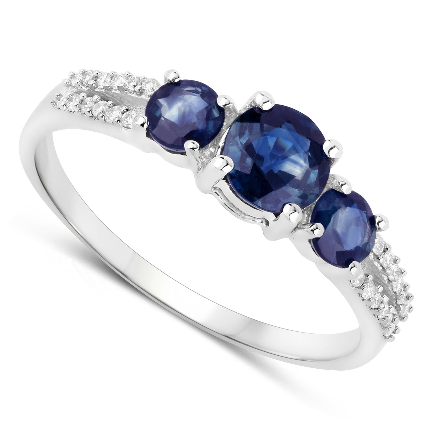 1.08 Carat Genuine Blue Sapphire and White Diamond 14K White Gold Ring - Elegant Emulations