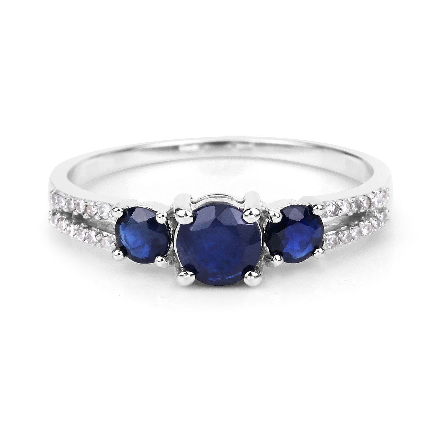 1.08 Carat Genuine Blue Sapphire and White Diamond 14K White Gold Ring - Elegant Emulations