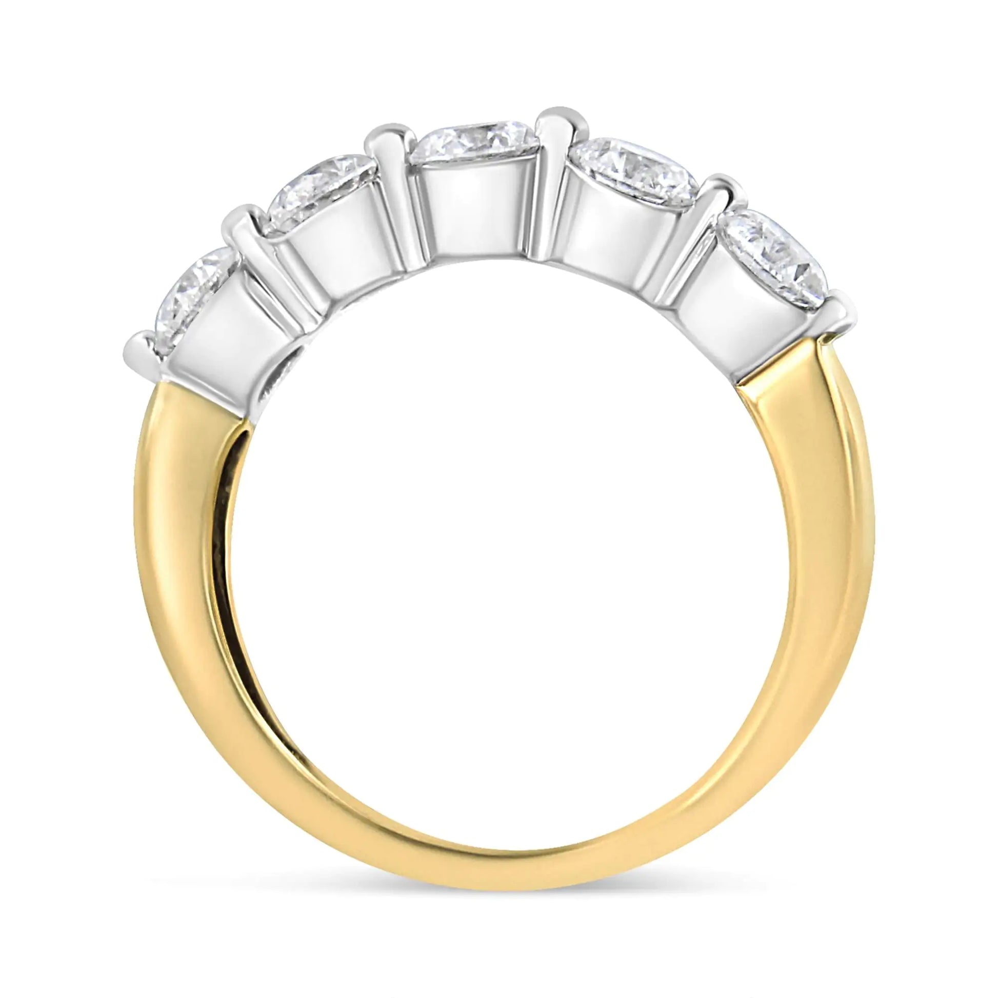 14K White and Yellow Gold 1 1/2 Cttw 2 Prong Cup Set Round-Cut Diamond 5 Stone Ring Band (H-I Color, SI2-I1 Clarity) - Elegant Emulations