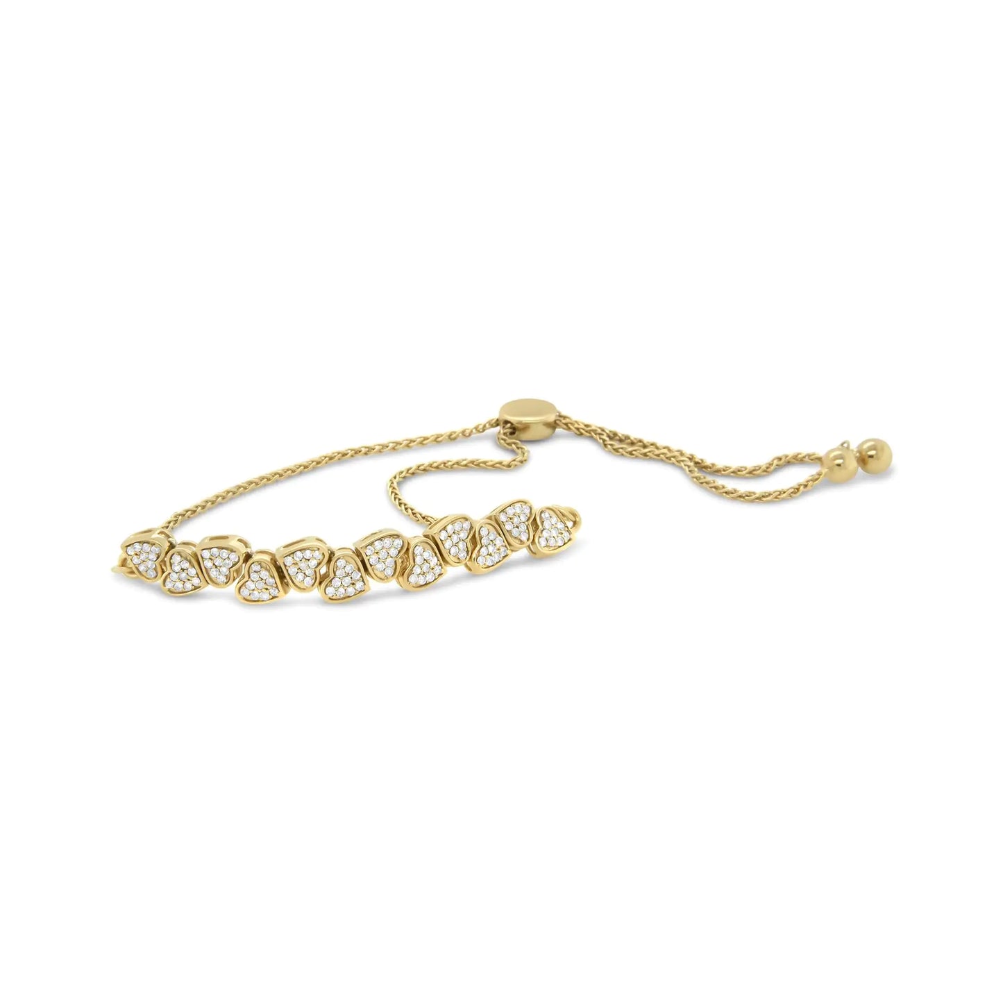 Yellow Gold Plated .925 Sterling Silver 1/2 Cttw Diamond Sideways Hearts Bolo Bracelet (H-I Color, I1-I2 Clarity) - 4”-10” Adjustable - Elegant Emulations