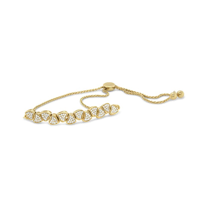 Yellow Gold Plated .925 Sterling Silver 1/2 Cttw Diamond Sideways Hearts Bolo Bracelet (H-I Color, I1-I2 Clarity) - 4”-10” Adjustable - Elegant Emulations