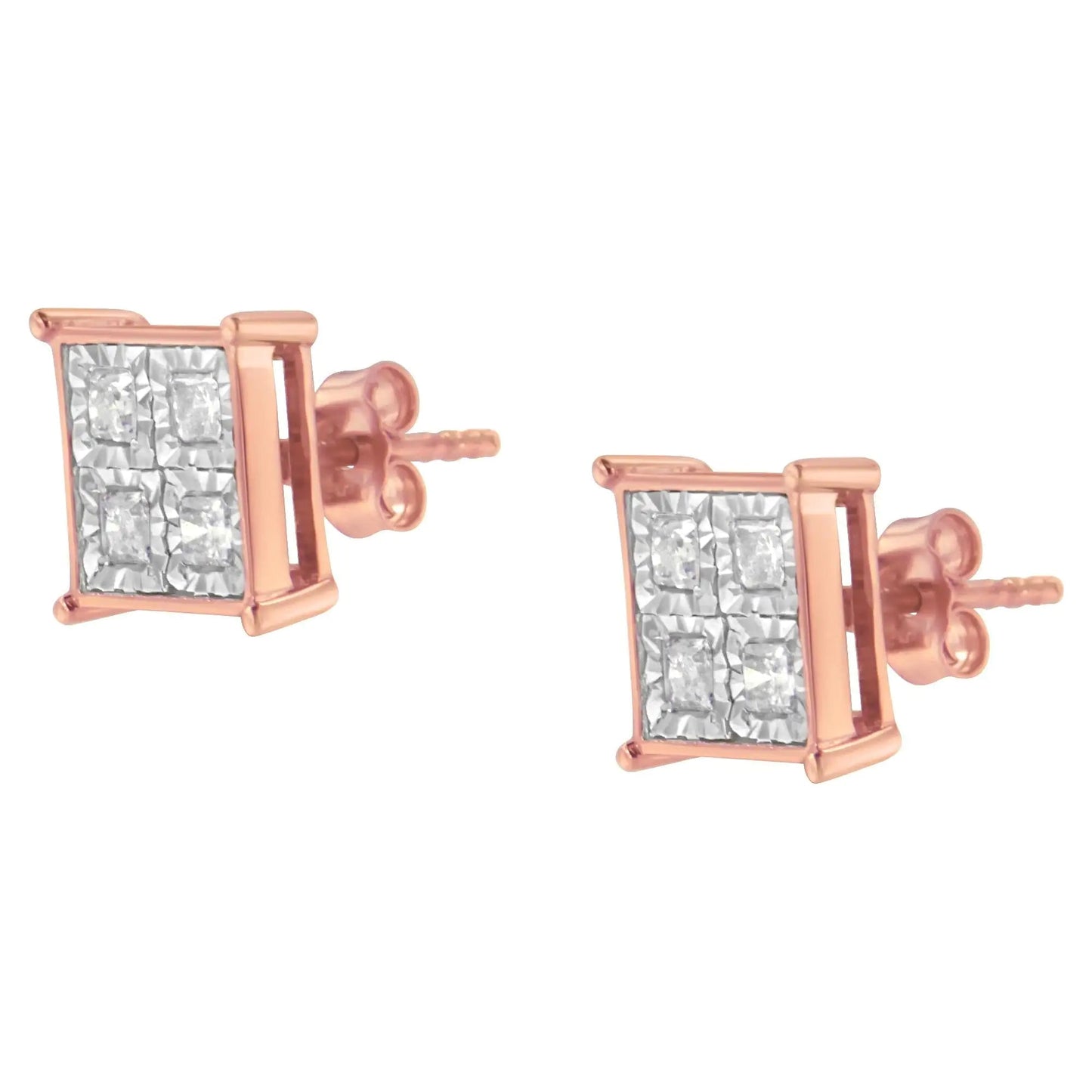 Rose Gold Silver Diamond Square Studs (3/4 cttw) | Earrings | Elegant Emulations Jewelry USA