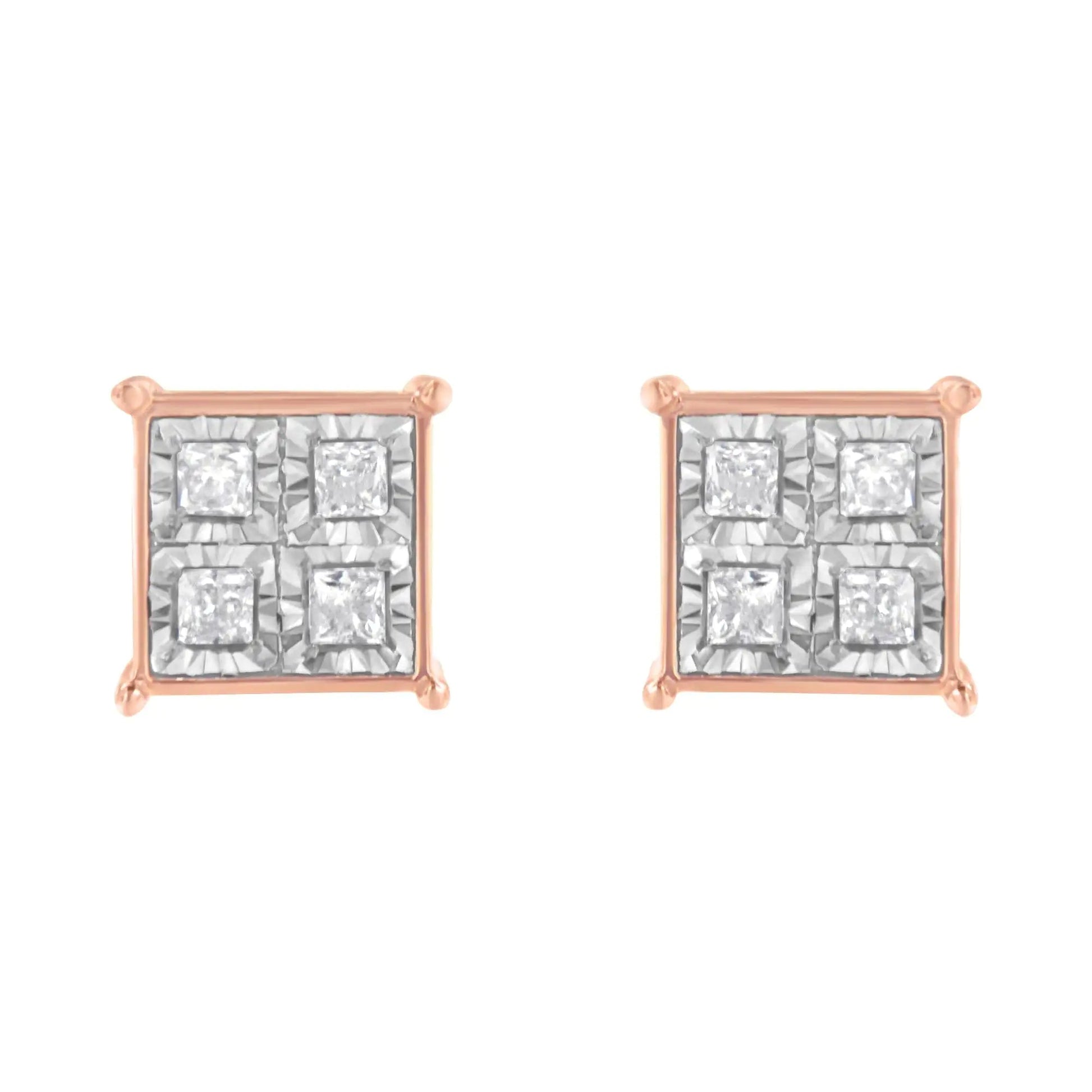 Rose Gold Silver Diamond Square Studs (3/4 cttw) | Earrings | Elegant Emulations Jewelry USA