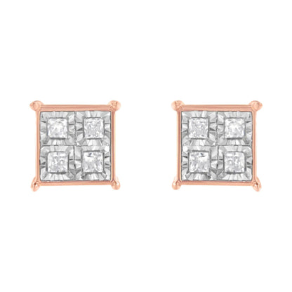 Rose Gold Silver Diamond Square Studs (3/4 cttw) | Earrings | Elegant Emulations Jewelry USA