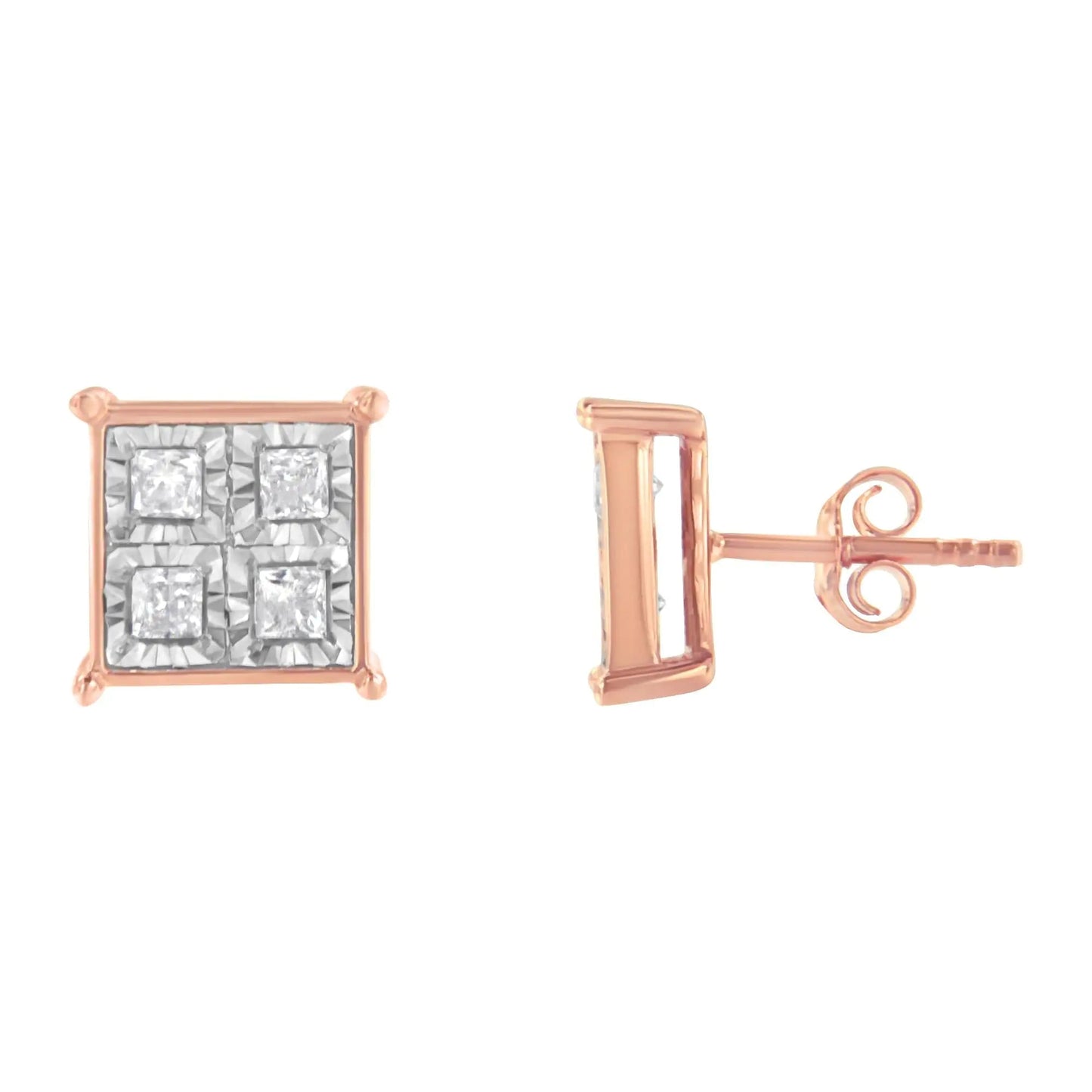 Rose Gold Silver Diamond Square Studs (3/4 cttw) | Earrings | Elegant Emulations Jewelry USA