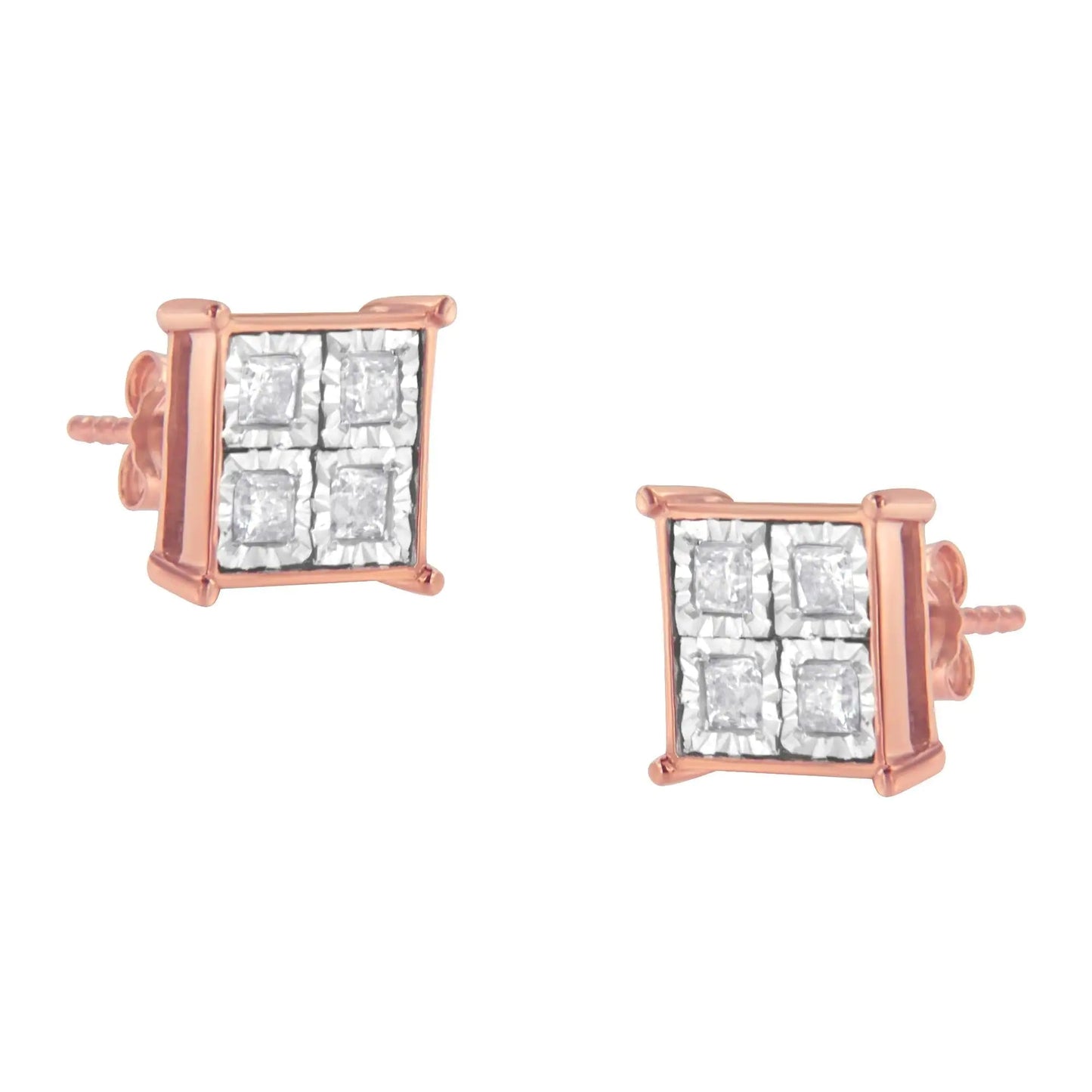 Rose Gold Silver Diamond Square Studs (3/4 cttw) | Earrings | Elegant Emulations Jewelry USA