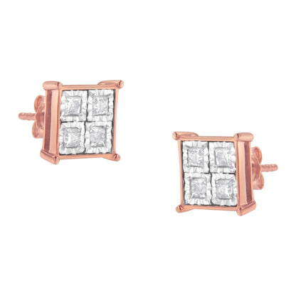 Rose Gold Silver Diamond Square Studs (3/4 cttw) | Earrings | Elegant Emulations Jewelry USA