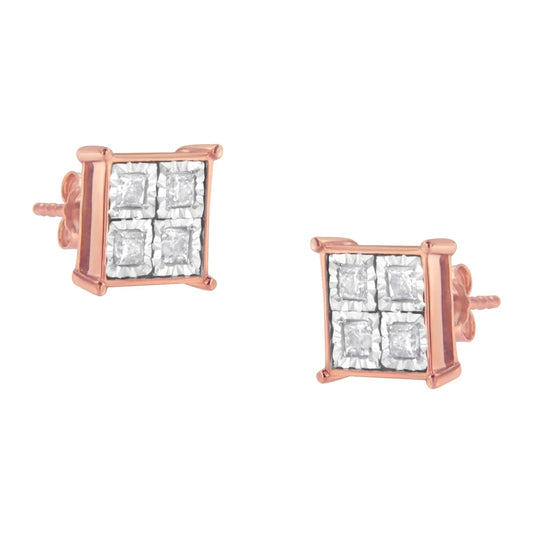 Rose Gold Silver Diamond Square Studs (3/4 cttw) | Earrings | Elegant Emulations Jewelry USA