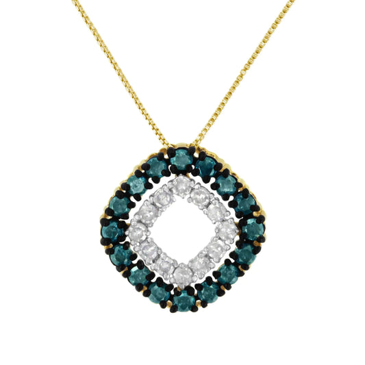 14K Yellow Gold Plated .925 Sterling Silver 1/2 Cttw Color Treated Diamond Square Pendant Necklace (Blue, Yellow, I2-I3 Clarity) - Elegant Emulations