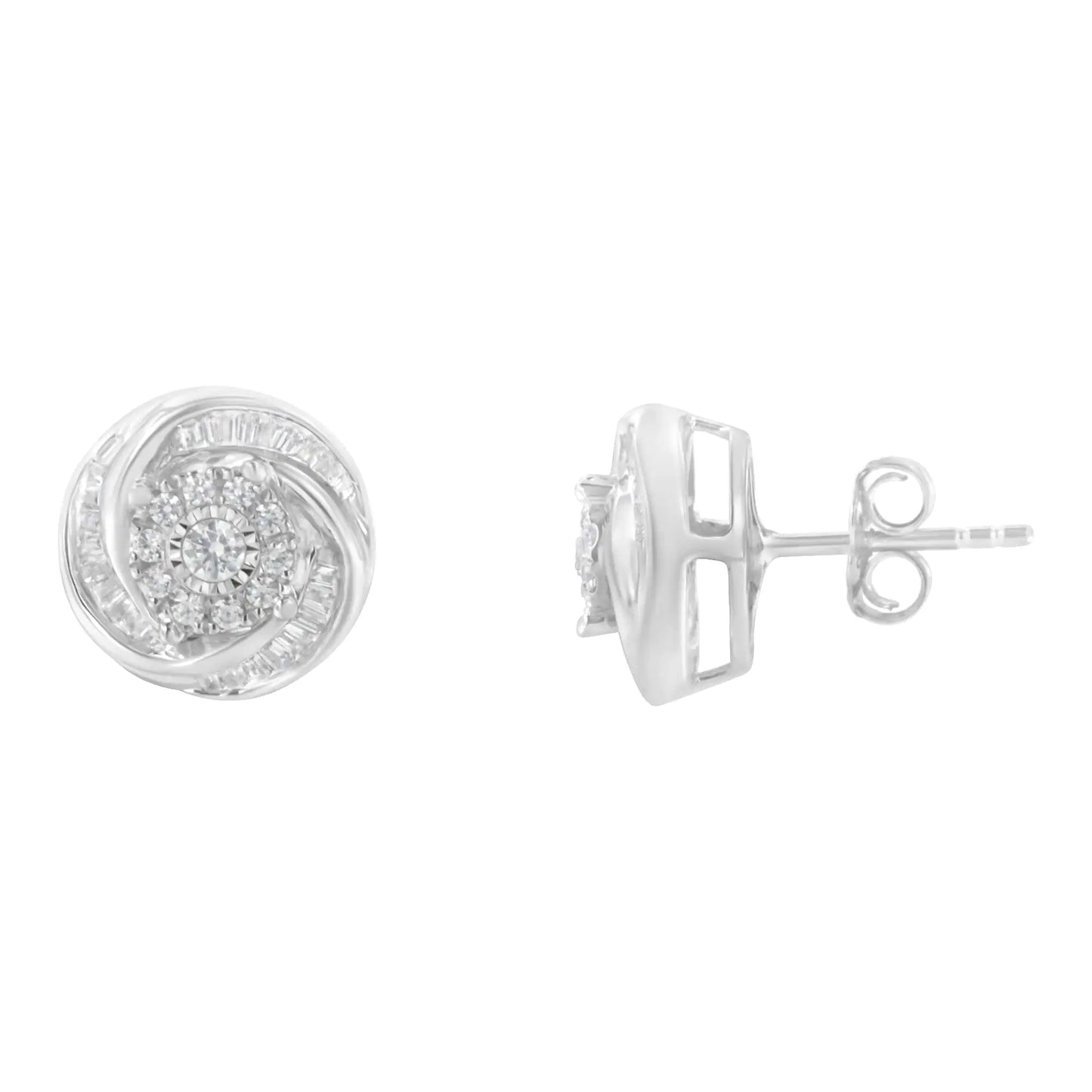 .925 Sterling Silver 3/4 Cttw Round and Baguette-Cut Diamond Love Knot Stud Earring (I-J Color, I2-I3 Clarity) - Elegant Emulations