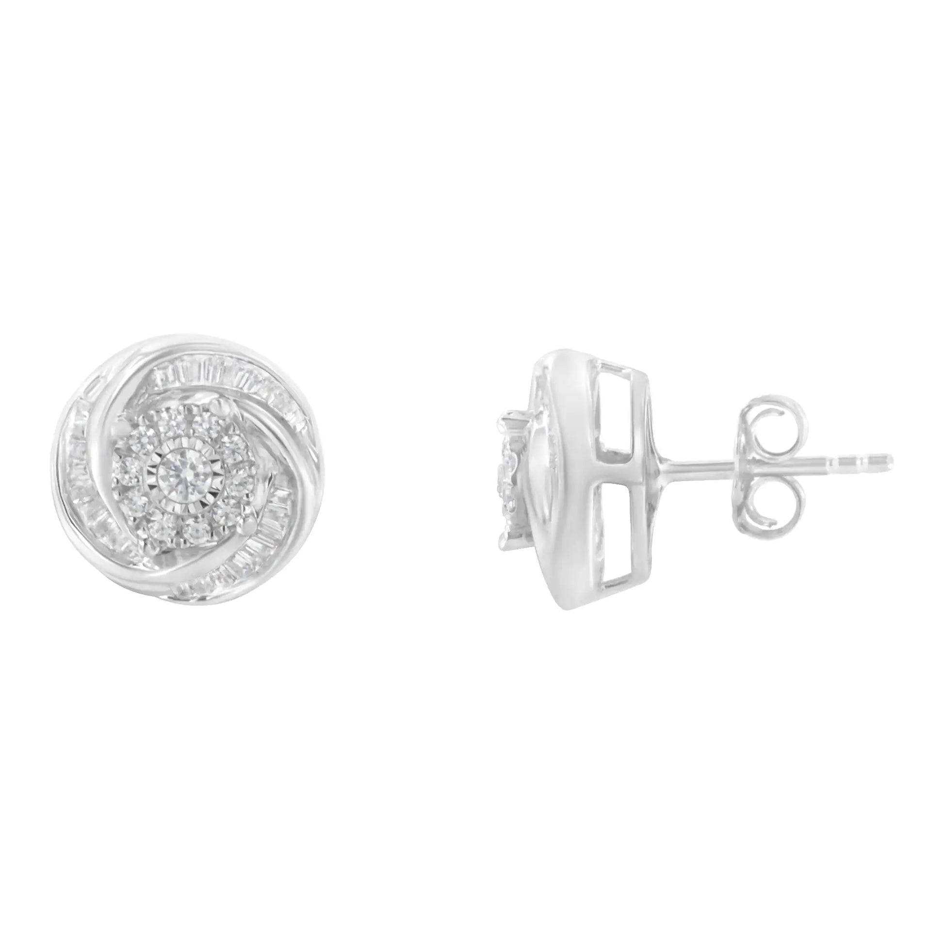 .925 Sterling Silver 3/4 Cttw Round and Baguette-Cut Diamond Love Knot Stud Earring (I-J Color, I2-I3 Clarity) - Elegant Emulations