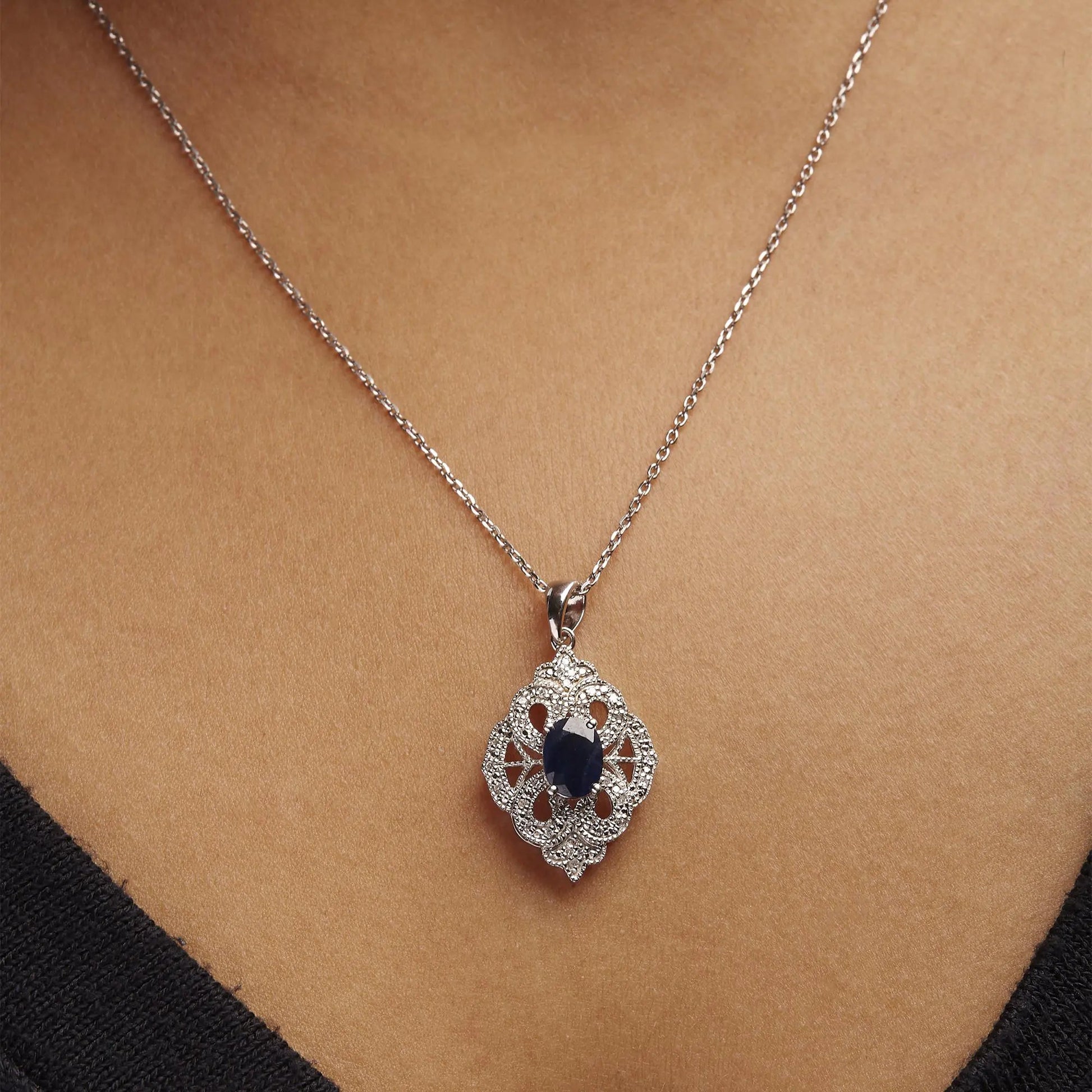 Sterling Sapphire & Diamond Deco Necklace | Necklace | Elegant Emulations Jewelry USA