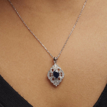 Sterling Sapphire & Diamond Deco Necklace | Necklace | Elegant Emulations Jewelry USA