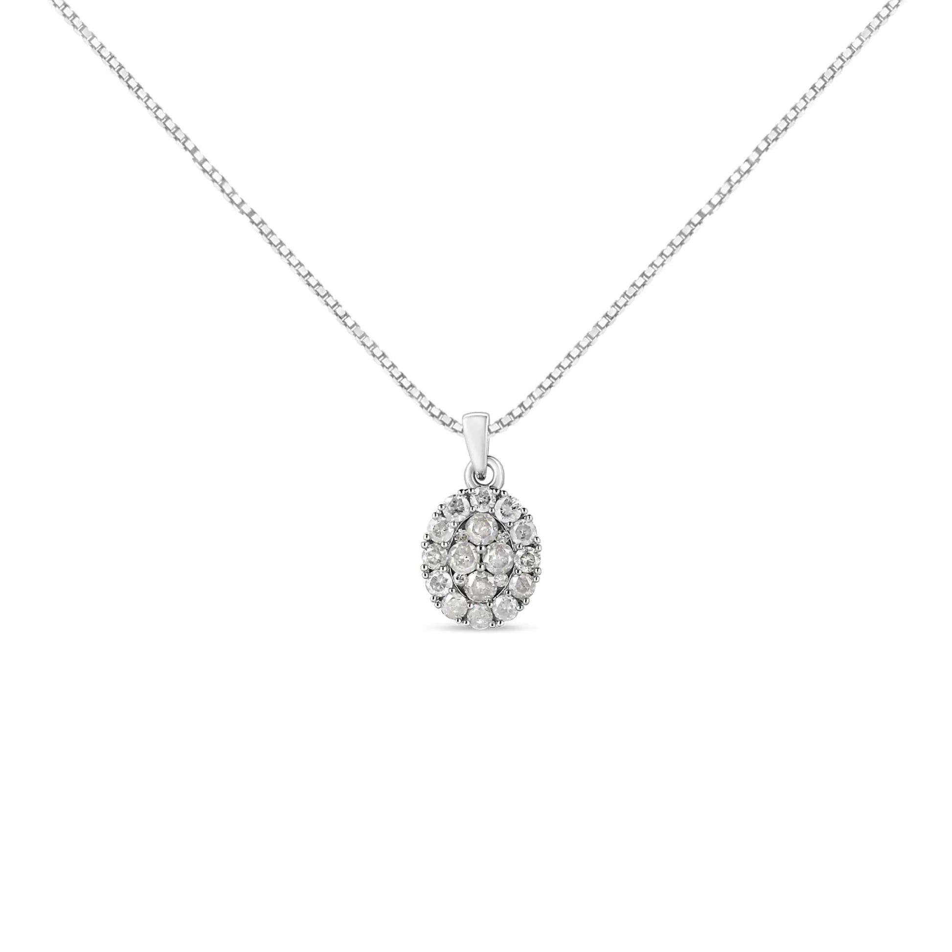 Sterling Silver 1.5 Cttw Diamond Cluster Oval Pendant 18" | Necklace | Elegant Emulations Jewelry USA
