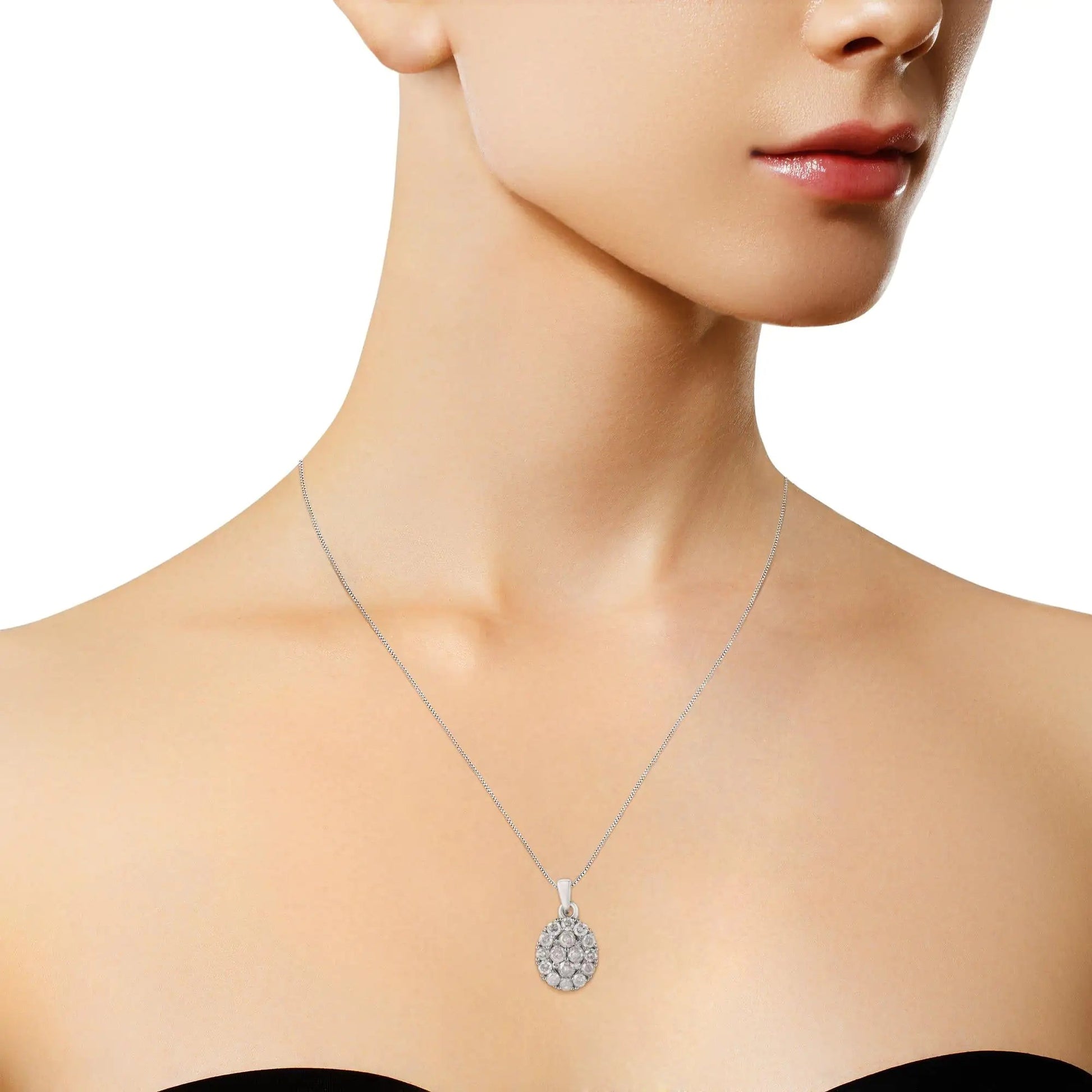 Sterling Silver 1.5 Cttw Diamond Cluster Oval Pendant 18" | Necklace | Elegant Emulations Jewelry USA