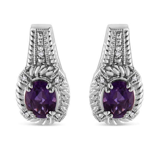 Sterling Silver Amethyst Oval Drop Earrings with Diamonds | Earrings | Elegant Emulations Jewelry USA