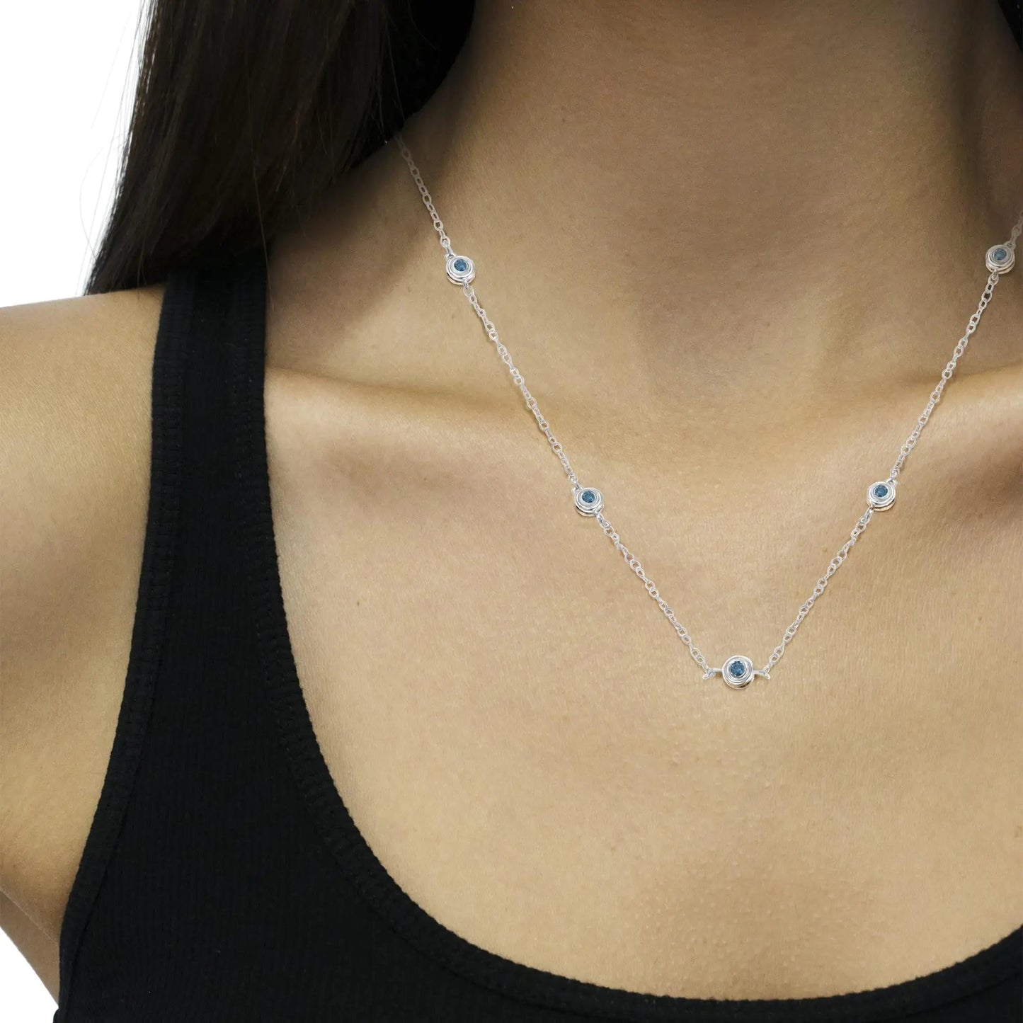 Sterling Silver Blue Diamond Rolo Chain Necklace (0.54cttw, I2 - I3) | Necklace | Elegant Emulations Jewelry USA