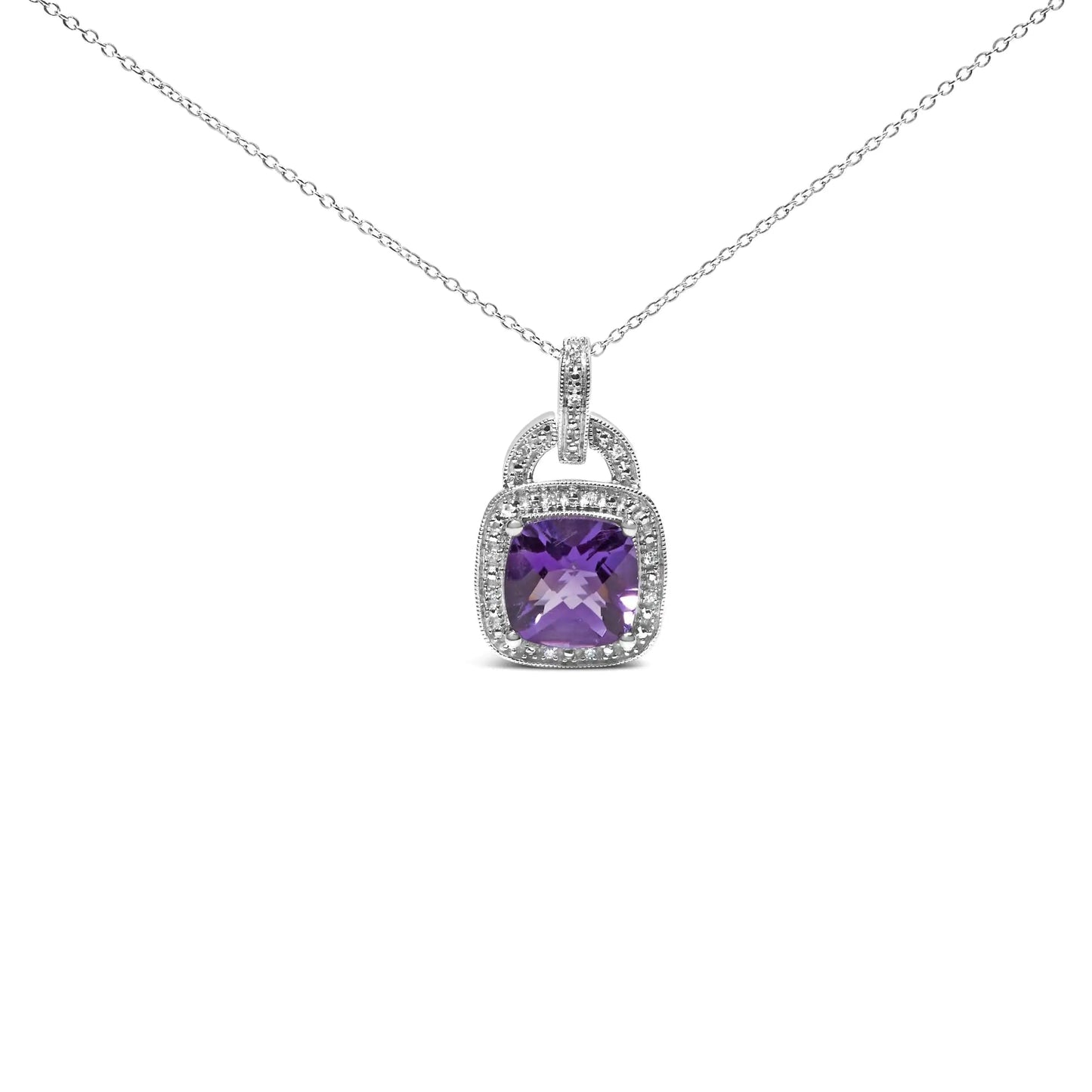 Sterling Silver Cushion Cut Amethyst & Diamond Pendant | Necklace | Elegant Emulations Jewelry USA