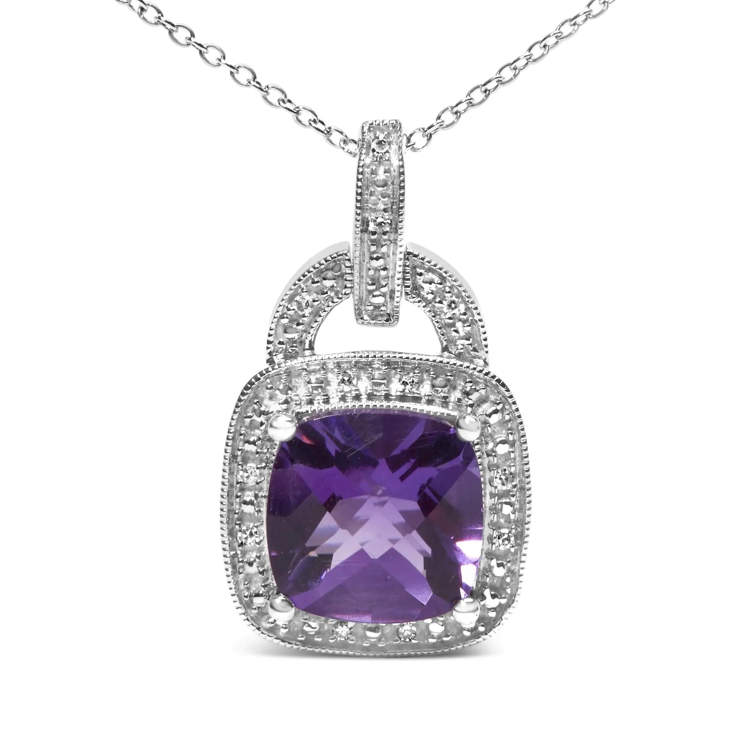 Sterling Silver Cushion Cut Amethyst & Diamond Pendant | Necklace | Elegant Emulations Jewelry USA