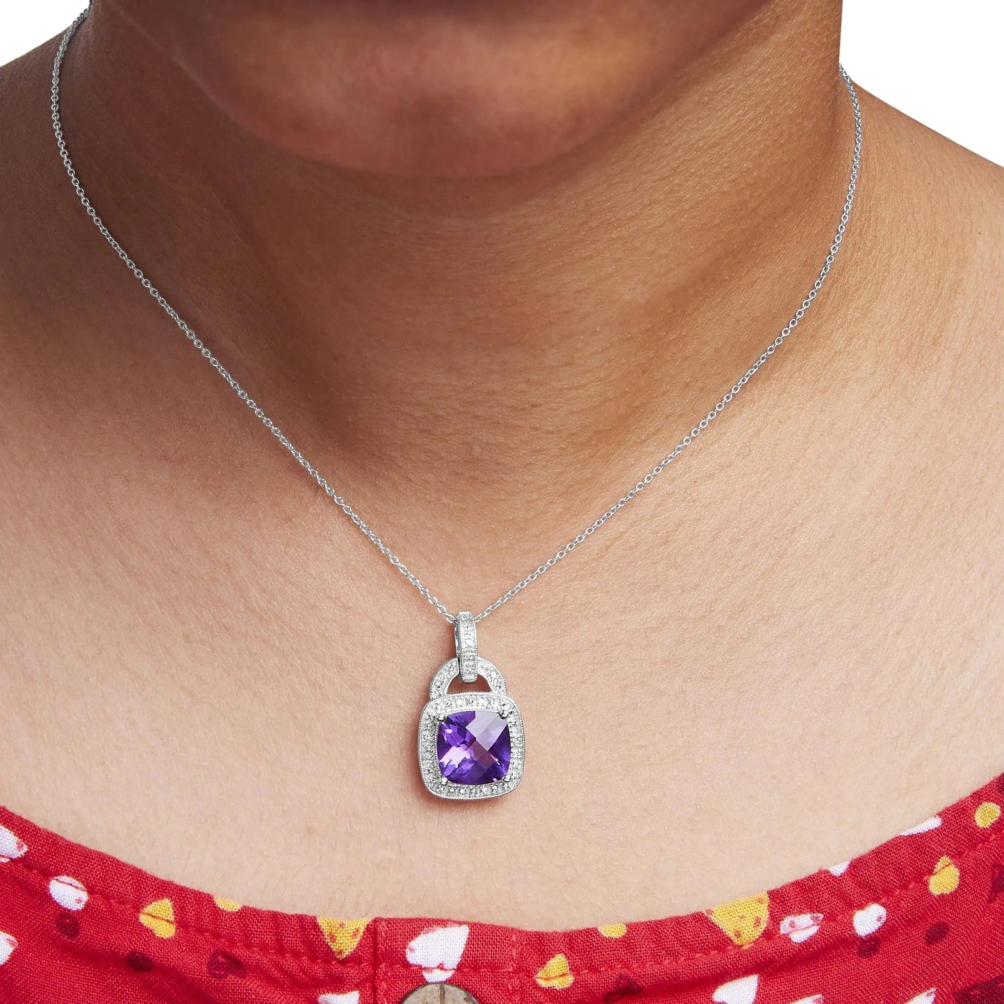 Sterling Silver Cushion Cut Amethyst & Diamond Pendant | Necklace | Elegant Emulations Jewelry USA