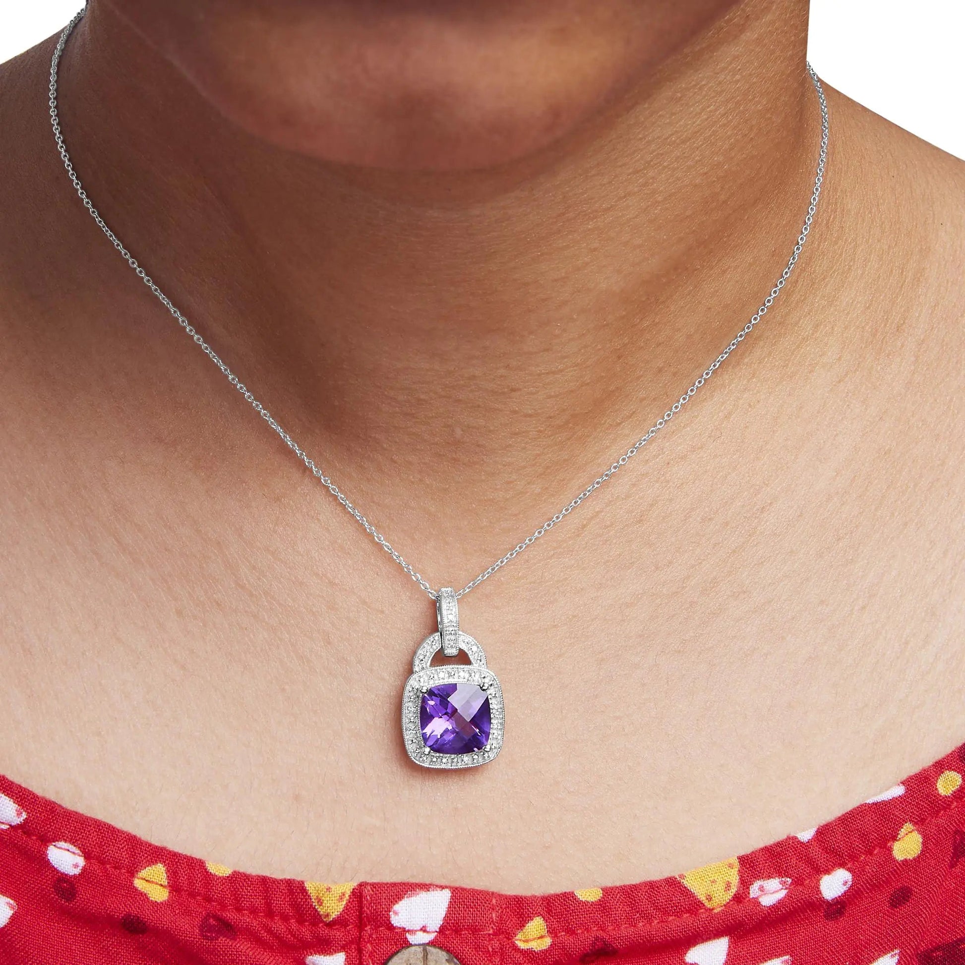Sterling Silver Cushion Cut Amethyst & Diamond Pendant | Necklace | Elegant Emulations Jewelry USA