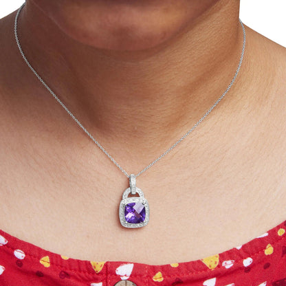 Sterling Silver Cushion Cut Amethyst & Diamond Pendant | Necklace | Elegant Emulations Jewelry USA