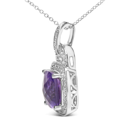 Sterling Silver Cushion Cut Amethyst & Diamond Pendant | Necklace | Elegant Emulations Jewelry USA