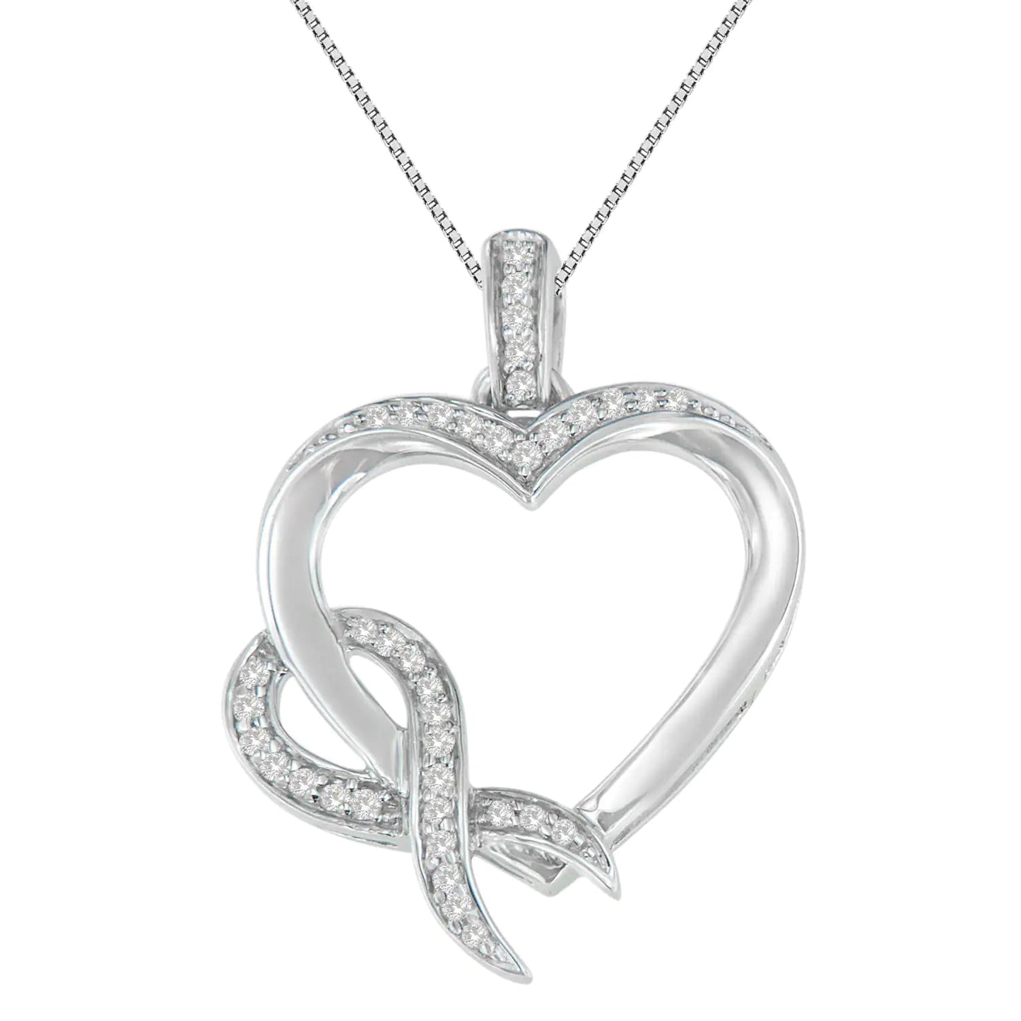 Sterling Silver Diamond Heart Ribbon Necklace | Necklace | Elegant Emulations Jewelry USA