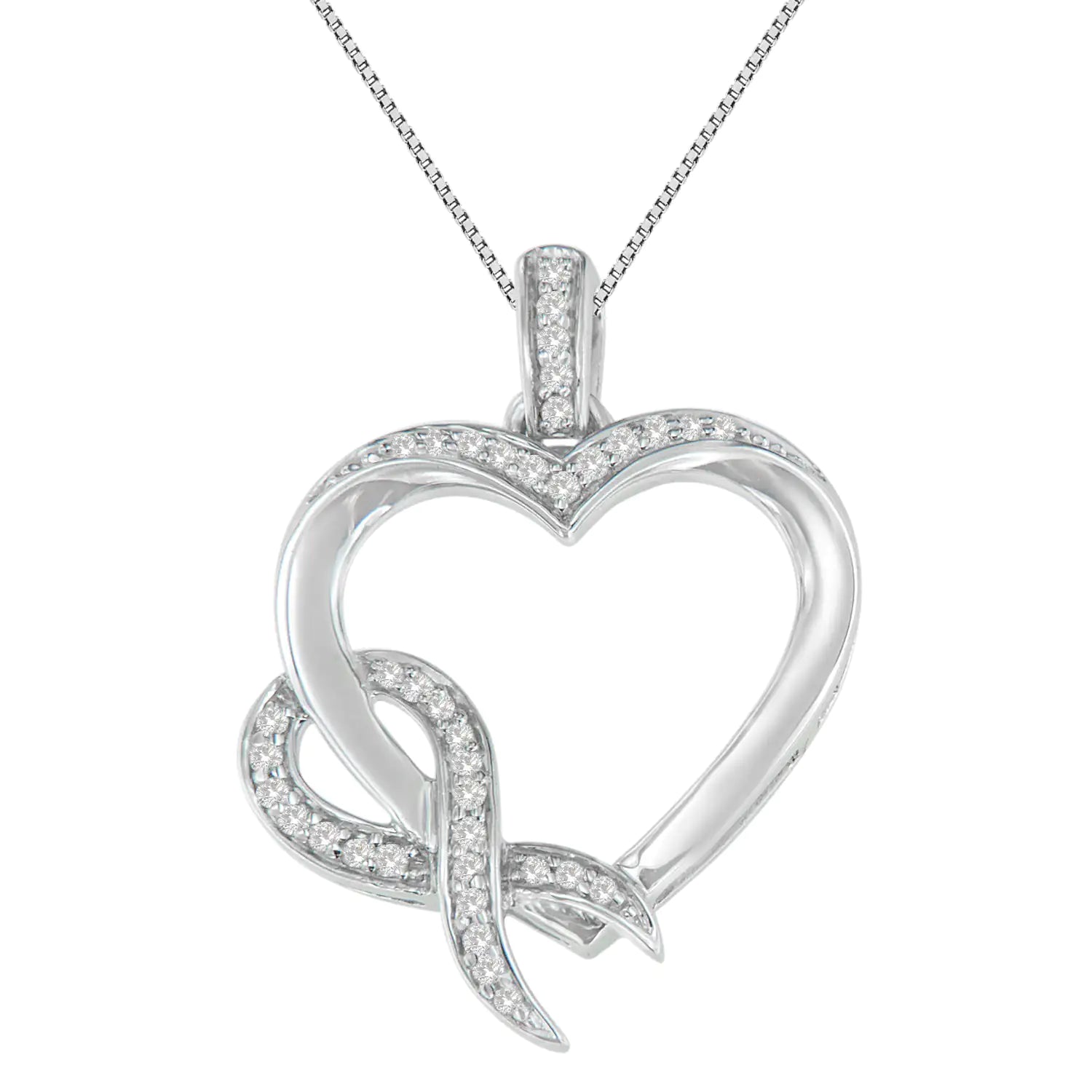 Sterling Silver Diamond Heart Ribbon Necklace | Necklace | Elegant Emulations Jewelry USA