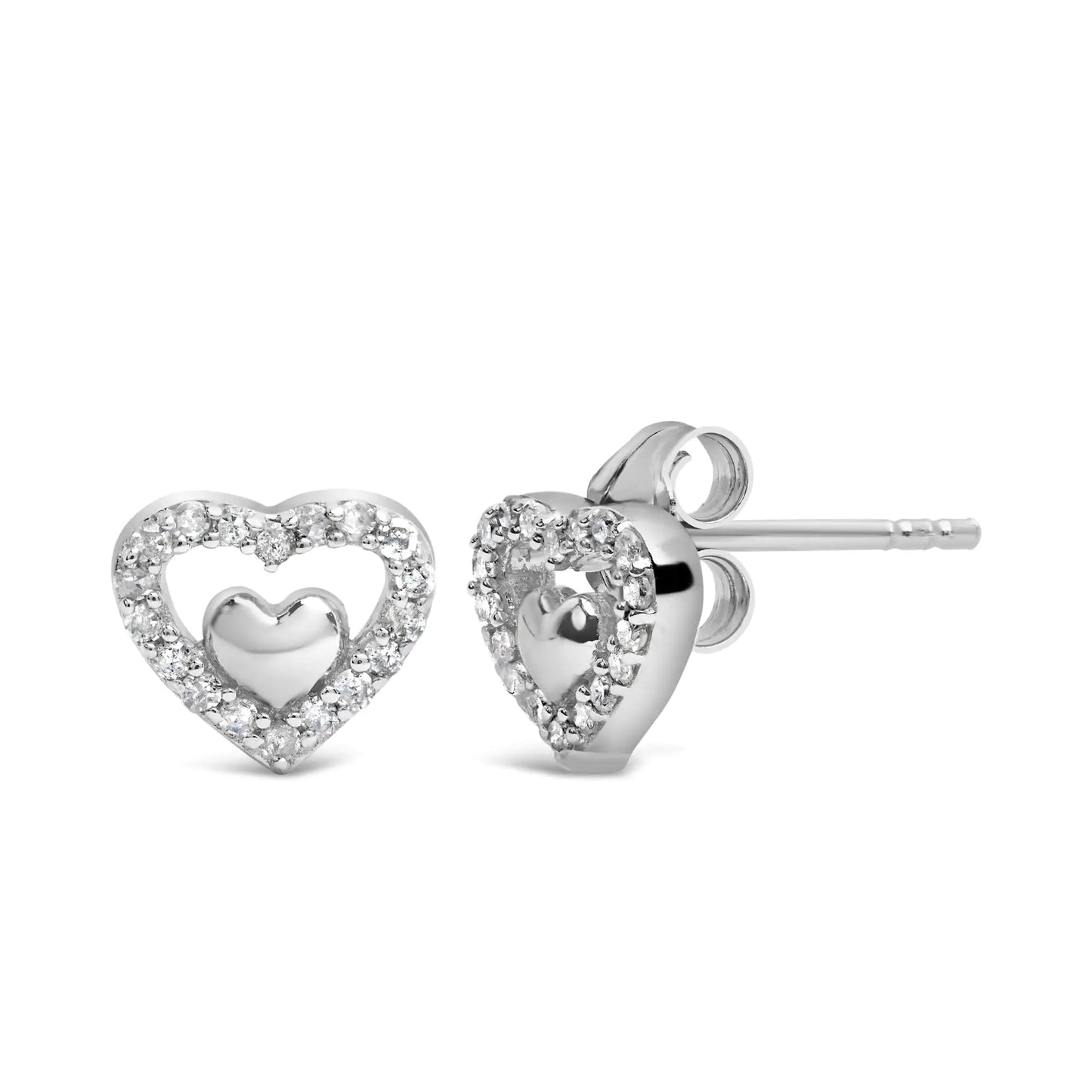 Sterling Silver Dual Heart Diamond Studs - Select Your Diamond Shade | Earrings | Elegant Emulations Jewelry USA