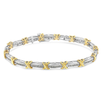 Two - Tone 10K Yellow Gold over .925 Sterling Silver 1.0 Cttw Diamond Channel Set Tapered & X - Link 7" Tennis Bracelet (H - I Color, I2 - I3 Clarity) | | Elegant Emulations Jewelry USA