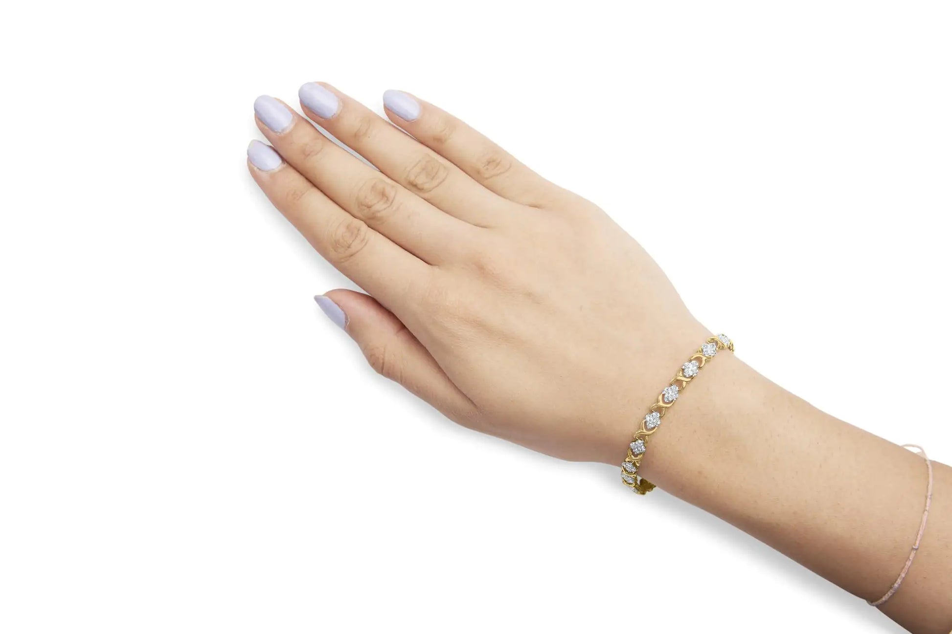 10K Yellow Gold 1.00 Cttw Diamond 5 Stone Floral Cluster and "X" Link 7" Bracelet (I-J Color, I3 Clarity) - Elegant Emulations